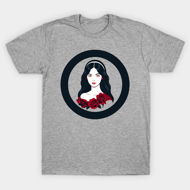 Gothic Woman with Black Hair and Red Roses T-Shirt by CursedContent